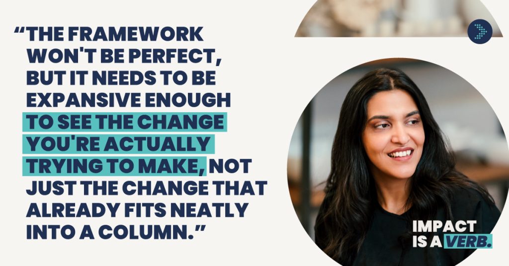 Quote card for "Impact is a Verb" campaign: "The framework won't be perfect, but it needs to be expansive enough to see the change you're actually trying to make, not just the change that already fits neatly into a column." Photo of a Sahiti Bhaskara smiling candidly. 