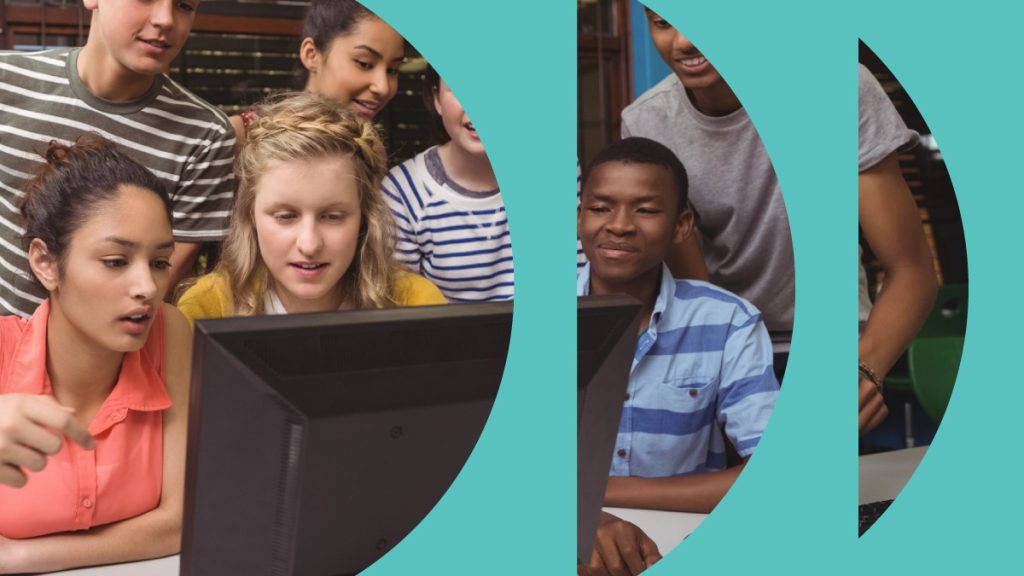 A group of young people gathered around a computer monitor, engaged and pointing at the screen, split across teal circular design elements. Part of the Intention 2 Impact "Impact is a Verb" campaign.