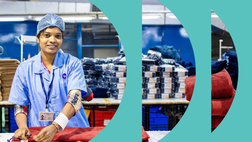 A woman working in a textile factory, folding fabric at her workstation with stacked garments in the background, split across teal circular design elements. Part of the Intention 2 Impact "Impact is a Verb" campaign.