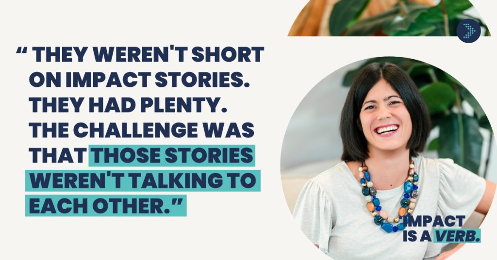 Quote card for "Impact is a Verb" campaign: "They weren't short on impact stories. They had plenty. The challenge was that those stories weren't talking to each other." Photo of Victoria Worthen Lang smiling.
