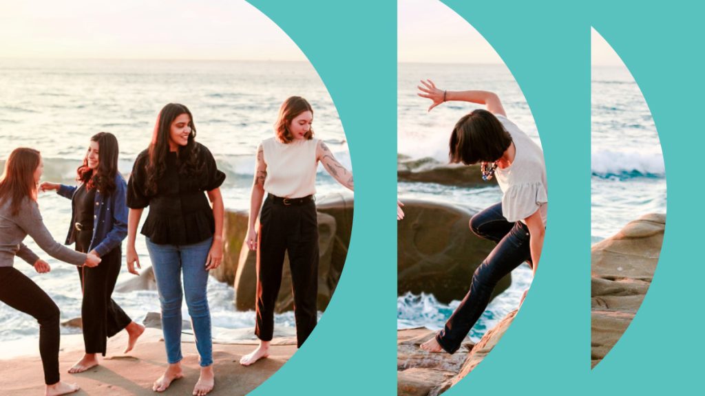 Intention 2 Impact team laughing and playing together on rocks by the ocean at sunset, split across teal circular design elements. Part of the Intention 2 Impact "Impact is a Verb" campaign.